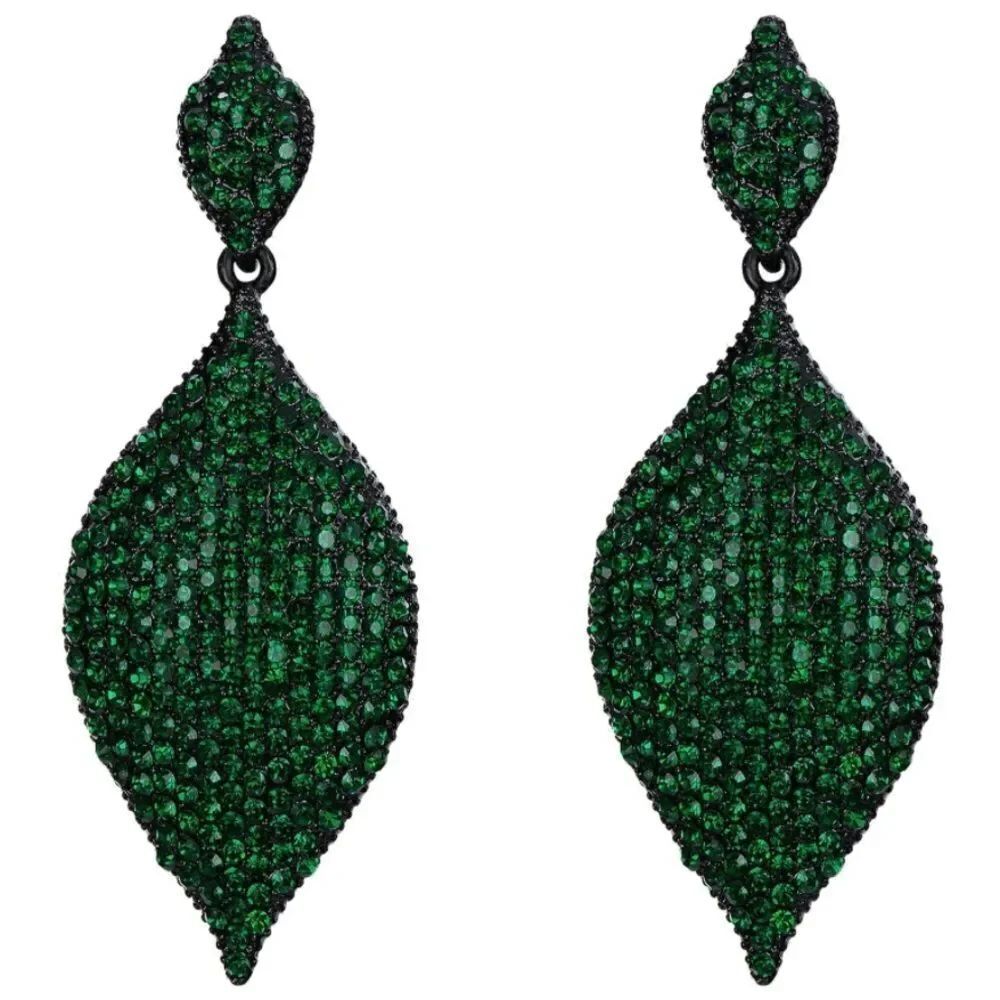 Carbon Black with Emerald Austrian Crystal Rhombus Leaf Chandelier Post Earrings